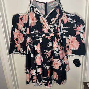 NWOT Shien Black and Pink Floral Cold Shoulder Romper Size 3x (011)